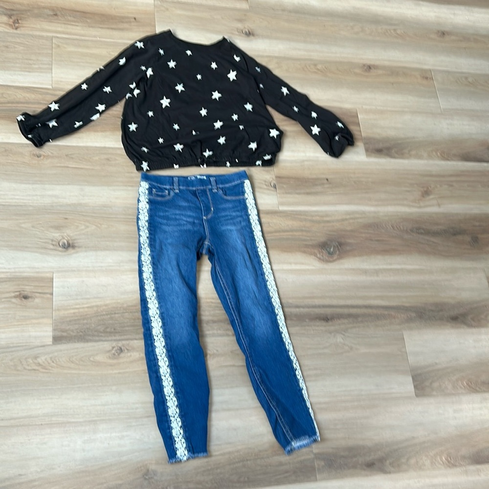 Wonder Nation Girls 10-12 Black Star Shirt and Blue Jeans With Lace Size 10-12